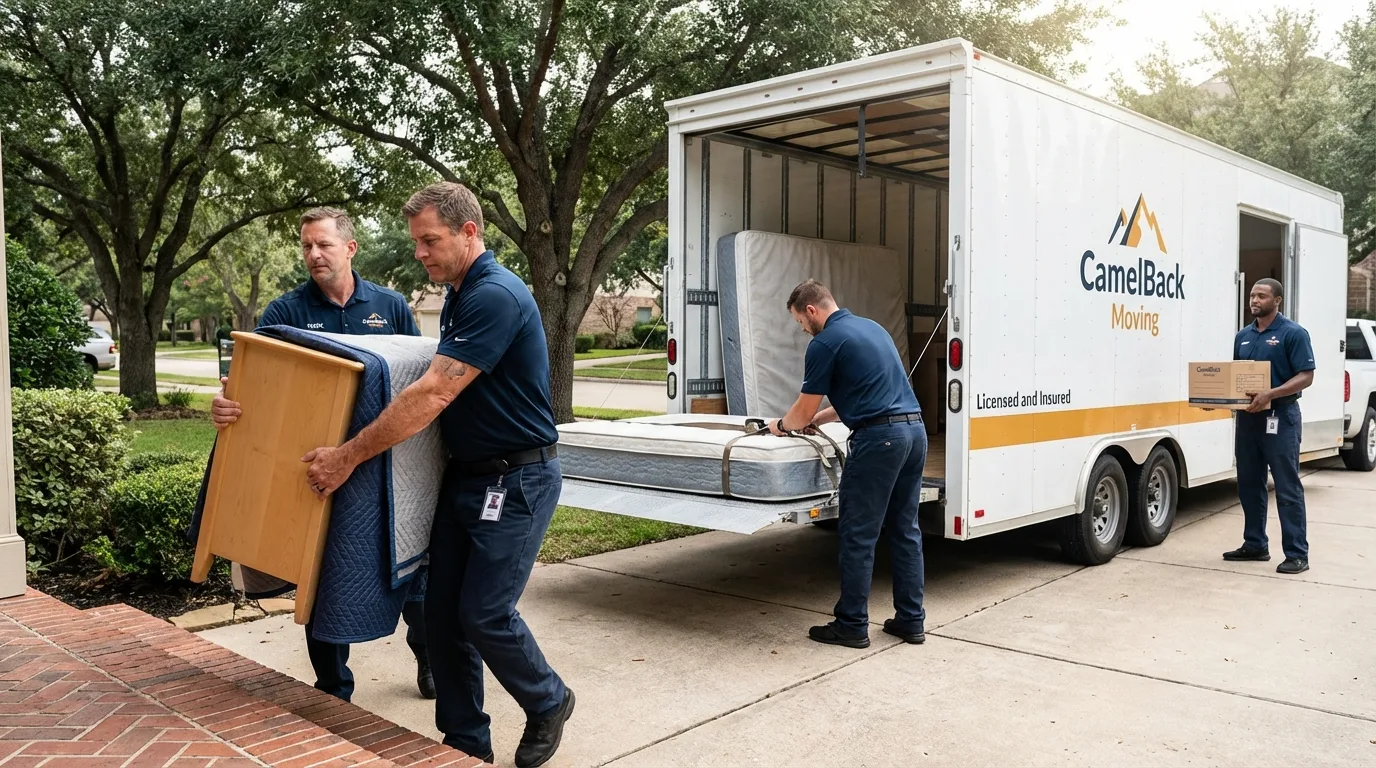 Crew loading residential truck for cross-state move from Shiner, TX