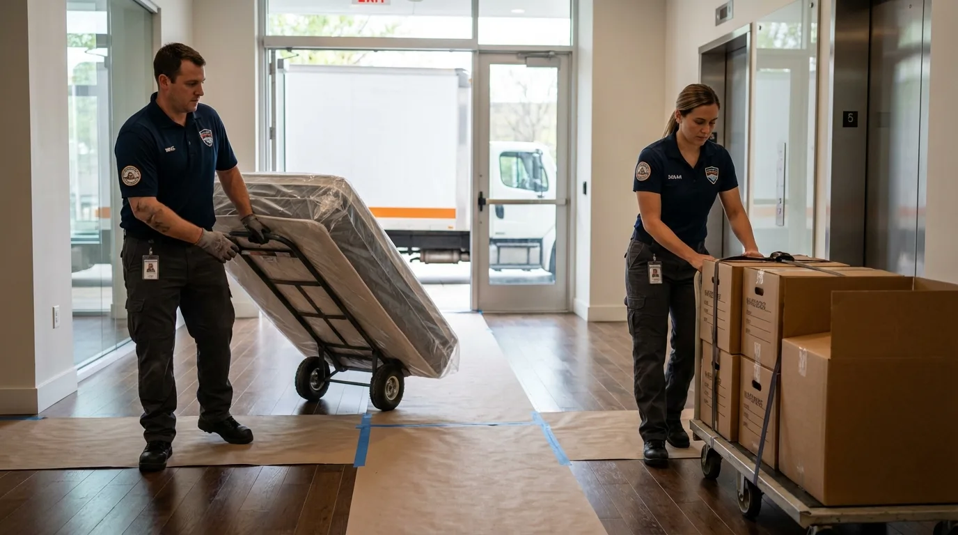 Professional apartment movers loading elevator in Shiner, TX