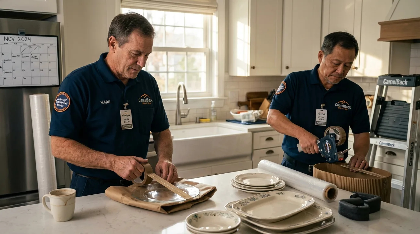 Professional crew packing kitchen dishware in Shiner, TX